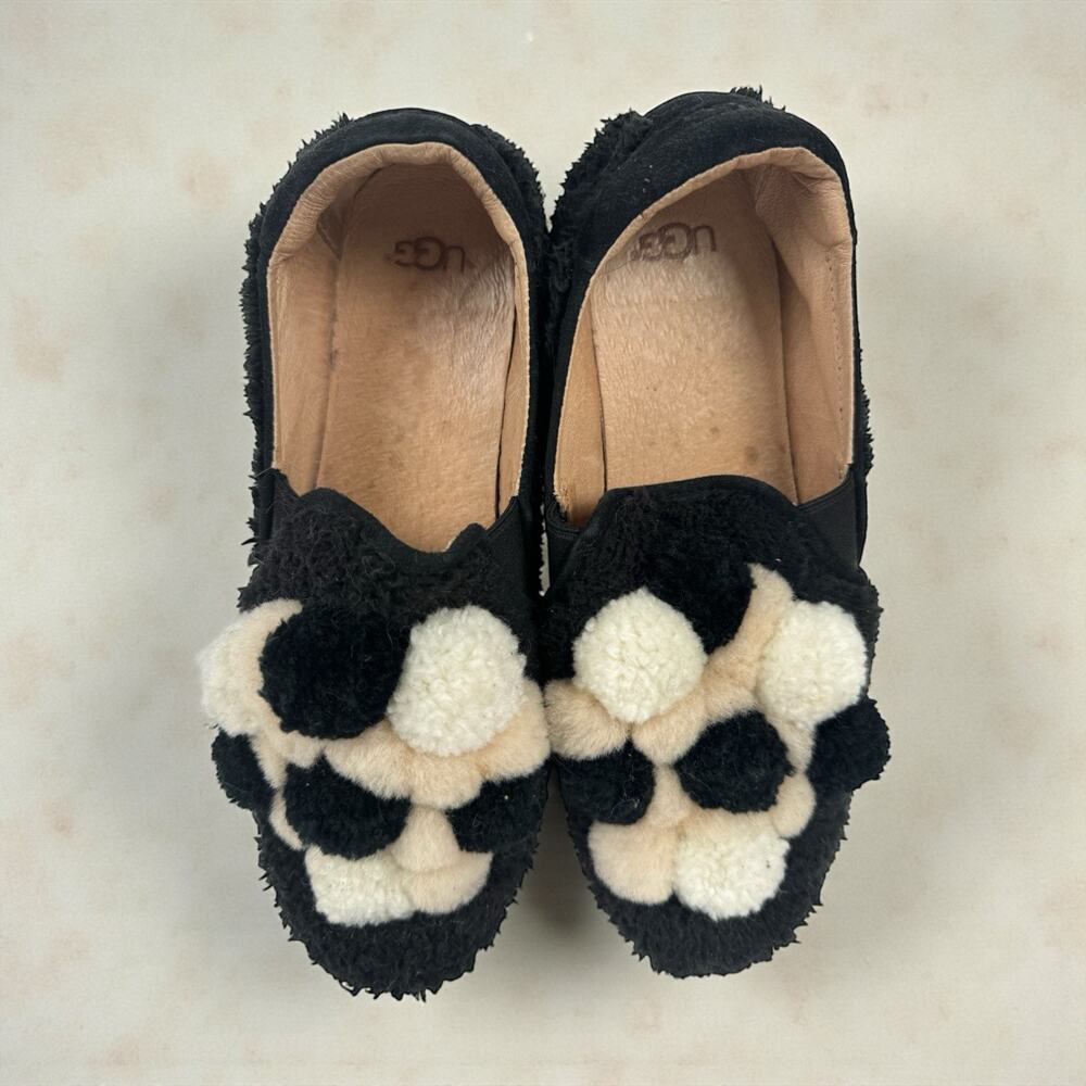 UGG Black White Beige Pom Pom Loafer Slippers Women's Size 8.5